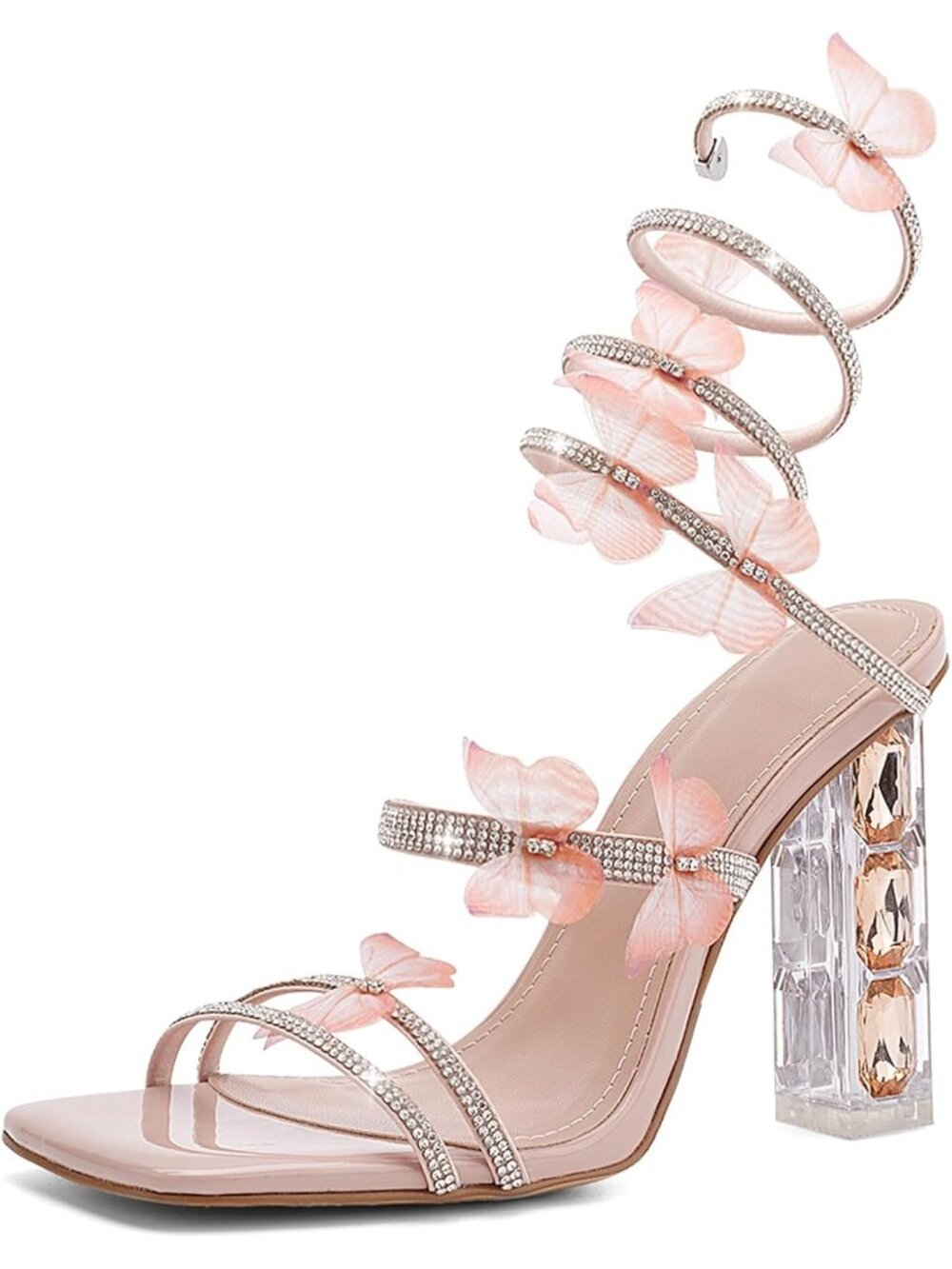 🆕Women's Nude Pink Heels Square Toe Rhinestone Butterfly Prom Dressy Sandals